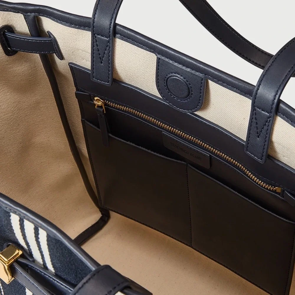Veronica Beard Stripe Canvas Dash Tote Bag Navy White Striped Leather Trim Large